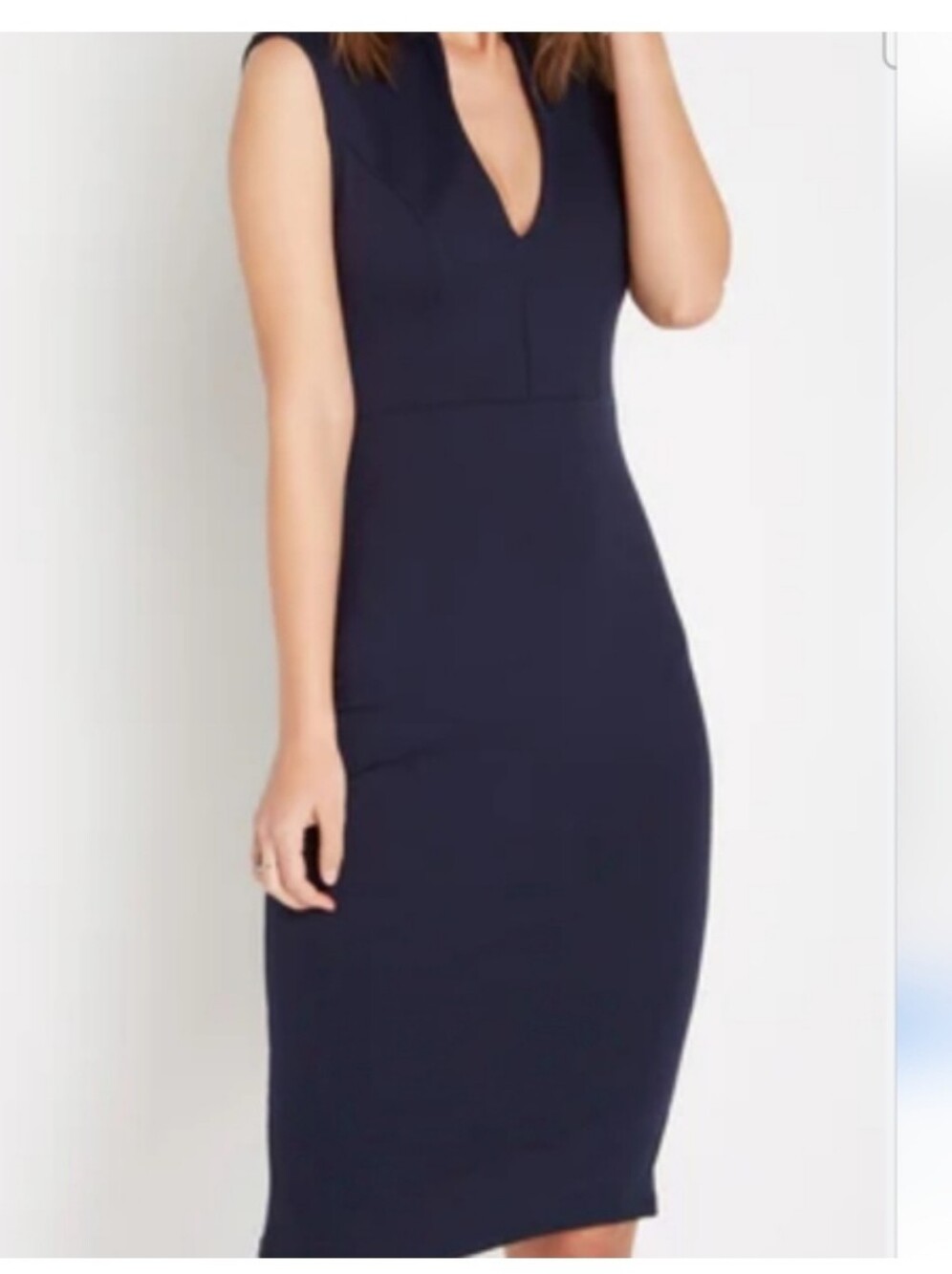 Sleeveless Navy Midi Sheath Dress with V-Notch Detail
